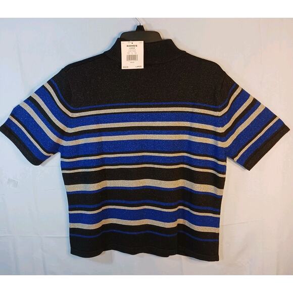 NWT Croft & Barrow Sweater Woman L Blue Black Silver Stripe Sparkly Short Sleeve - Picture 1 of 9